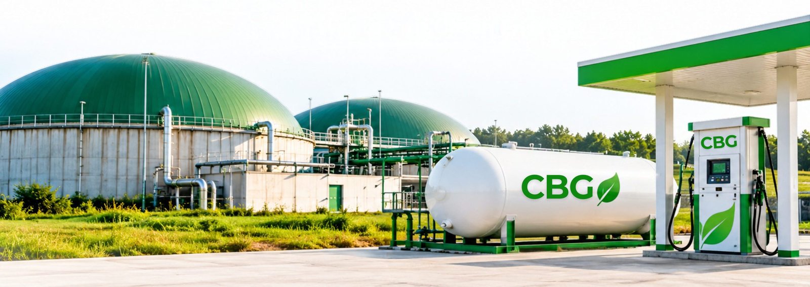 Biogas plant with green digester domes, a CBG storage tank and a CBG fuel pump